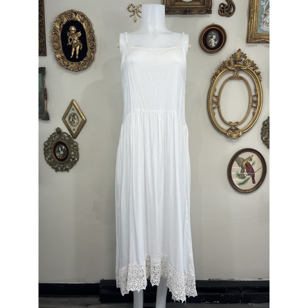 Intimately Free People White Rayon Midi Slip Dress Crochet Lace Hem Small 163Q